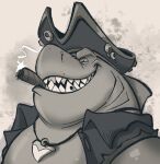 anthro bust_portrait cigar cigar_in_mouth cigar_smoke clothing dead_stray_bear fin fish hat headgear headwear hole_in_tooth jewelry male marine necklace object_in_mouth portrait shark simple_background smoke solo teeth topwear vest