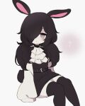  :&lt; ? animal_ears ascot belt black_belt black_hair black_shirt black_skirt black_thighhighs clarevoir grey_eyes hair_over_one_eye highres long_sleeves looking_at_viewer low_twintails original rabbit-shaped_pupils rabbit_ears rabbit_tail shirt simple_background sitting skirt sleeves_past_fingers sleeves_past_wrists solo symbol-shaped_pupils tail thighhighs twintails white_ascot white_background white_sleeves 