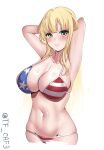  1girl american_flag american_flag_bikini american_flag_print bikini blonde_hair breasts cowboy_shot double_bun flag_print fletcher_(kancolle) hair_bun highres kantai_collection large_breasts long_hair looking_at_viewer one-hour_drawing_challenge purple_eyes solo swimsuit tf_cafe twitter_username united_states white_background 