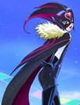  ass black_bodysuit bodysuit cape cure_muse_(black) feathers flat_chest gloves haruyama_kazunori looking_back magical_girl mask pants precure purple_eyes shirabe_ako solo suite_precure tight tight_pants 