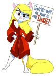 animaniacs anthro black_eyes blonde_hair clothing english_text eyelashes female full-length_portrait fur hair holding_object holding_sign looking_at_viewer mammal minerva_mink mink mustelid musteline nightgown pink_nose portrait red_clothing shawn_keller sign simple_background solo source_request standing tail text true_musteline warner_brothers white_background white_body white_fur yellow_tail