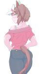  1girl alternate_costume animal_ears ass bare_shoulders brown_hair commentary_request denim ear_covers from_behind green_eyes horse_ears horse_girl horse_tail ines_fujin_(umamusume) jeans looking_back off-shoulder_shirt off_shoulder pants red_shirt shirt short_sleeves side_ponytail simple_background single_bare_shoulder single_ear_cover smile solo tail tail_through_clothes umamusume visor_cap white_background yaki_apple 