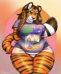 anthro belly_overhang belly_peeking_out big_breasts breasts clothing curvy_figure felid female fur green_eyes hi_res looking_down mammal melody_(tawnyscrawnyleo) orange_body orange_fur overweight overweight_female pantherine slightly_chubby slightly_chubby_female solo striped_body striped_fur stripes thick_thighs tiger tight_clothing vishykin voluptuous wide_hips