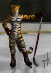  cheetah feline green_eyes hockey hufnaar looking_at_viewer male mammal sheath skates solo sports tiger topless warm_colors 