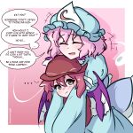  2girls absurdres blue_kimono closed_eyes commentary english_commentary grey_eyes hat highres japanese_clothes kimono mob_cap multiple_girls mystia_lorelei pink_background pink_hair rownou saigyouji_yuyuko short_hair touhou triangular_headpiece twitter_username wings 