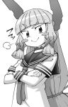  1girl blunt_bangs blush_stickers crossed_arms dress floating_headgear greyscale hair_ribbon headgear kantai_collection long_hair monochrome murakumo_(kancolle) necktie puff_of_air ribbon sailor_collar sailor_dress shin_(shin_k009) short_eyebrows simple_background smile smug solo tress_ribbon 