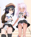  2girls ass backpack bag black_hair black_skirt black_thighhighs blush brown_eyes chloe_von_einzbern dark-skinned_female dark_skin fate/kaleid_liner_prisma_illya fate_(series) hat highres kneehighs long_hair looking_at_viewer miniskirt miyu_edelfelt multiple_girls one_side_up open_mouth panties pantyshot pink_eyes pink_hair pink_panties pleated_skirt pointing pointing_at_viewer ponytail shirt short_hair short_sleeves skirt smile socks stairs tanakaminos thighhighs thighs underwear white_panties white_shirt white_socks wind wind_lift 