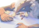  1boy beelzebumon bird chick close-up closed_eyes colored_skin digimon digimon_(creature) eye_mask fur_collar highres lower_teeth_only on_ground open_mouth remonpiero sleeping spiked_hair teeth third_eye white_hair white_skin 