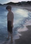  1boy beach belt black_hair cait from_side full_body looking_to_the_side male_focus original painting_(medium) school_uniform sleeves_rolled_up traditional_media watercolor_(medium) 