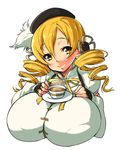  blonde_hair breast_rest breasts cup drill_hair hat huge_breasts mahou_shoujo_madoka_magica nekomamire tea teacup tomoe_mami yellow_eyes 