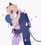  1girl adrien_agreste animal_ears bell black_bodysuit black_mask blonde_hair blue_hair bodysuit cat_boy cat_ears chat_noir closed_eyes falling_petals green_eyes highres hug ikutan0222 jingle_bell kiss marinette_dupain-cheng mask miraculous_ladybug pajamas petals simple_background superhero_costume surprised 