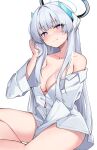  1girl absurdres blue_archive breasts grey_hair halo highres large_breasts looking_at_viewer naked_shirt noa_(blue_archive) shirt solo white_shirt ziro_(zirorong) 