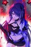  1girl acheron_(honkai:_star_rail) ahoge bare_shoulders black_shorts breasts caminukai choker cleavage collarbone gloves hair_over_one_eye honkai:_star_rail honkai_(series) large_breasts long_hair looking_to_the_side navel purple_eyes purple_hair shorts single_bare_shoulder solo stomach very_long_hair 