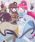  2girls :d ;d arm_up blue_coat blue_eyes brown_coat brown_gloves brown_hair brown_pantyhose coat fang feet_out_of_frame fur-trimmed_coat fur_hat fur_trim gloves hand_up hat index_finger_raised ku_(residual666) kurosu_aroma long_hair long_sleeves looking_at_viewer multiple_girls one_eye_closed open_mouth outstretched_arm pantyhose ponytail pretty_series print_pantyhose pripara red_gloves red_hair shiratama_mikan smile snowflake_print standing v very_long_hair white_pantyhose winged_heart winter_clothes yellow_eyes 