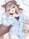  1girl :d animal_ear_fluff animal_ears bare_legs barefoot black_camisole blue_eyes blue_pajamas brown_hair camisole dog_ears dog_girl dog_tail ear_down hasuki_rui heterochromia highres hood hood_down hooded_pajamas indie_virtual_youtuber light_brown_hair long_sleeves looking_at_viewer lying medium_hair multicolored_hair no_pants off_shoulder on_back open_mouth pajamas partially_unbuttoned red_eyes sado_shinogu smile stuffed_animal stuffed_dog stuffed_toy tail two-tone_hair virtual_youtuber 