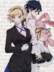  1boy 1girl aegis_(persona) apron arm_at_side black_coat black_dress black_pants blonde_hair blue_eyes blue_hair blue_necktie blush bolo_tie butler closed_mouth coat coattails collared_shirt crossdressing dress elulit2 female_butler frilled_apron frilled_sleeves frills grey_background hair_between_eyes highres holding holding_stuffed_toy hugging_object long_sleeves looking_at_viewer maid maid_apron male_maid necktie open_mouth pants persona persona_3 petticoat scarf shirt short_hair simple_background skindentation standing stuffed_animal stuffed_rabbit stuffed_toy sweat thighhighs two-tone_background white_apron white_background white_shirt white_thighhighs wide_sleeves wing_collar yellow_scarf yuuki_makoto_(persona_3) 
