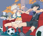  ancient_dark ball blue_hair brown_hair clenched_hand clenched_hands cloak closed_eyes couch flower hair_ornament hakuryuu_(inazuma_eleven) hands_clasped inazuma_eleven_(series) inazuma_eleven_go long_hair male_focus multicolored_hair multiple_boys own_hands_together red_eyes shindou_takuto shuu_(inazuma_eleven) sitting smile soccer_ball soccer_uniform sportswear table telstar tsurugi_kyousuke unlimited_shining vase white_hair yuuki_(irodo_rhythm) 