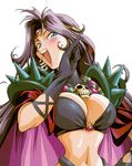 blue_eyes breasts cape earrings gloves jewelry large_breasts laughing naga_the_serpent navel pauldrons purple_hair skull slayers solo spikes tiara 