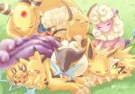  absurdres ampharos animal_focus artist_name closed_eyes colored_skin commentary_request dedenne fangs flaaffy forehead_jewel fuju1012 highres jolteon lying mareep mouse no_humans on_grass on_side open_mouth pichu pikachu pokemon pokemon_(creature) pokemon_sleep purple_hair raichu raikou sheep sitting sleeping tail twitter_username whiskers white_fur wool yellow_fur yellow_skin 
