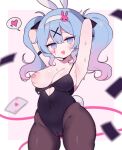  1girl ace_(playing_card) ace_of_hearts animal_ears armpits bare_shoulders black_leotard black_pantyhose black_ribbon blue_eyes blue_hair border breasts cameltoe card clarevoir clothing_cutout fake_animal_ears gradient_hair hair_ornament hairband hatsune_miku heart heart_cutout highres large_breasts leotard light_blush looking_at_viewer multicolored_hair navel nipples one_breast_out open_mouth pantyhose pink_background pink_hair playboy_bunny playing_card rabbit_ears rabbit_hair_ornament rabbit_hole_(vocaloid) ribbon smile solo spoken_heart sweat teardrop_facial_mark twintails vocaloid white_border white_hairband x_hair_ornament 