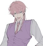  1boy blue_eyes dulcedeleche124 ear_piercing highres looking_to_the_side male_focus messy_hair necktie parted_lips piercing pink_hair sanzu_haruchiyo scar scar_on_face shirt solo suit tokyo_revengers tongue tongue_out vest wolf_cut 
