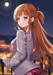  1girl asuna_(sao) braid brown_eyes brown_hair city_lights commentary_request dating french_braid fujishiro_kokoa full_moon grey_jacket handrail highres jacket long_hair long_sleeves looking_at_viewer looking_back miniskirt moon night night_sky paid_reward_available parted_lips pink_skirt pink_sweater pleated_skirt red_skirt short_ponytail sidelocks skirt sky skyline smile solo sweater sword_art_online twitter_username two-tone_skirt 