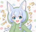  1girl :d animal animal_ear_fluff animal_ears blue_eyes blue_hair bow braid commentary_request hair_bow hand_up hood hood_up index_finger_raised koyomi_(shironeko_project) long_hair looking_at_viewer low_twintails mitya onesie outline polka_dot polka_dot_background red_bow round_teeth shironeko_project short_eyebrows smile tail tarou_(shironeko_project) teeth thick_eyebrows translation_request twin_braids twintails twitter_username upper_body upper_teeth_only white_background white_outline wolf wolf_ears wolf_girl wolf_tail 