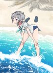  1girl annin_musou beach blue_eyes blue_one-piece_swimsuit blush closed_mouth green_neckerchief grey_hair grey_sailor_collar headgear i-36_(kancolle) kantai_collection neckerchief ocean one-piece_swimsuit sailor_collar sailor_shirt sandals school_swimsuit shirt short_hair short_sleeves solo swimsuit swimsuit_under_clothes twintails unworn_sandals water white_shirt 