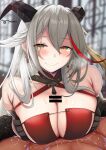  1boy 1girl aegir_(azur_lane) aegir_(golden_dragon_among_auspicious_clouds)_(azur_lane) artist_name azur_lane bar_censor black_gloves black_horns breasts breasts_squeezed_together censored cleavage criss-cross_halter framed_breasts gloves grey_hair hair_between_eyes halterneck highres horn_ornament horns huge_breasts long_hair looking_at_viewer mosaic_censoring multicolored_hair official_alternate_costume paizuri pea_nut003 penis red_hair solo_focus streaked_hair two-tone_hair upper_body yellow_eyes 