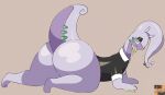 2024 all_fours anthro bedroom_eyes big_butt biped bottomless butt cel_shading clothed clothing darknsfwindie digital_drawing_(artwork) digital_media_(artwork) eyeshadow female flat_chested generation_6_pokemon goodra hi_res huge_butt looking_at_viewer makeup mollusk narrowed_eyes nintendo pokemon pokemon_(species) seductive shaded side_view simple_background smile smirk solo tail thick_tail thick_thighs