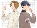  2boys bishounen black_nails blonde_hair blue_eyes brown_sweater closed_mouth food food_in_mouth given hair_between_eyes kashima_hiiragi_(given) light_smile long_sleeves looking_at_viewer middle_finger multiple_boys nail_polish popsicle popsicle_in_mouth rtrggv short_hair sweater twitter_username uenoyama_ritsuka white_background yellow_eyes 