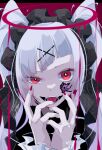  1girl absurdres fingernails goma_irasuto goth_fashion gothic_lolita highres lolita_fashion long_hair looking_at_viewer nail_polish original red_eyes signature solo space_invaders sticker tongue tongue_out twintails white_hair 