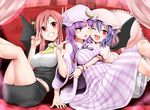  ;d ahoge ascot bat_wings blue_hair blush breasts couch crescent fang grin hat head_wings hug koakuma large_breasts legs_up miki_purasu miniskirt multiple_girls one_eye_closed open_mouth patchouli_knowledge pink_hair purple_eyes purple_hair red_eyes remilia_scarlet sitting skirt smile touhou wings wrist_cuffs 