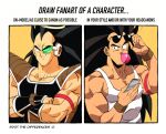  1boy bara black_hair blowing_bubbles casual chewing_gum crossed_arms dragon_ball dragon_ball_z draw_fanart_challenge english_text highres long_hair looking_at_viewer male_focus muscular muscular_male official_style pectoral_cleavage pectorals raditz saiyan_armor shironek0 sidepec simple_background spiked_hair sunglasses tank_top thick_eyebrows upper_body white_tank_top 