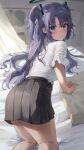  1girl absurdres bed bedroom black_skirt blue_archive blue_eyes blush closed_mouth curtains day halo hashtag_only_commentary highres looking_at_viewer mechanical_halo on_bed pita_goral purple_eyes purple_hair shirt skirt solo two_side_up white_shirt yuuka_(blue_archive) 