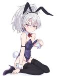  1girl animal_ears black_thighhighs blush breasts commentary_request darker_than_black expressionless fake_animal_ears fake_tail full_body grey_hair high_heels highres jitome long_hair looking_at_viewer nonono_(mino) playboy_bunny ponytail purple_eyes rabbit_ears rabbit_tail simple_background sitting small_breasts solo tail thighhighs wariza white_background yin_(darker_than_black) 