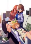  3girls :d absurdres black_socks blue_eyes blue_shirt blush book brown_hair casual closed_eyes closed_mouth collared_shirt commentary couch drooling feet_out_of_frame go-toubun_no_hanayome green_ribbon hair_between_eyes hair_ornament hair_over_one_eye hair_ribbon hand_on_another&#039;s_shoulder head_rest headpat headphones headphones_around_neck highres indoors kneehighs knees_up lap_pillow long_hair long_sleeves looking_at_another lying medium_hair mouth_drool multiple_girls nakano_itsuki nakano_miku nakano_yotsuba on_back on_couch open_book open_mouth orange_hair red_hair ribbed_sweater ribbon shirt siblings sidelocks sisters sitting sleeping sleeveless sleeveless_sweater smile socks star_(symbol) star_hair_ornament sweater triplets white_shirt yasuba_yuichi 