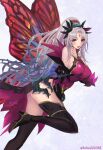  1girl absurdres black_thighhighs blush breasts commentary_request detached_sleeves dress facial_mark fairy_wings fire_emblem fire_emblem_heroes forehead_mark grey_background grey_hair hair_vines helen_(helen2210hk) highres large_breasts long_hair open_mouth parted_bangs plant plumeria_(fire_emblem) pointy_ears ponytail purple_dress red_eyes simple_background solo standing standing_on_one_leg thighhighs twitter_username very_long_hair vines wings 