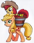  apple_bloom_(mlp) applebloom_(mlp) applejack_(mlp) blonde_hair bucket carrying cowboy_hat cub cutie_mark cutie_mark_crusaders_(mlp) equine female feral food freckles friendship_is_magic fruit green_eyes hair happy hasbro hat horse mammal my_little_pony orange_body pony red_hair riding sibling siblings sisters the_dark_lord_keisha warm_colors yellow_body yellow_eyes young 