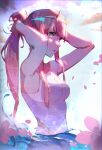  1girl absurdres arms_up bare_arms blue_eyes blunt_bangs breasts darling_in_the_franxx flower hairband highres horns long_hair medium_breasts one-piece_swimsuit open_mouth outdoors partially_submerged pink_flower pink_hair solo swimsuit tying_hair upper_body very_long_hair white_hairband white_one-piece_swimsuit xiao_gu_wang zero_two_(darling_in_the_franxx) 
