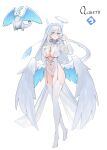  1girl :o absurdres blue_eyes blue_wings boots breasts bridal_gauntlets bridal_veil character_name cleavage clothing_cutout creature_and_personification dragon_girl dragon_tail feathered_wings full_body garter_straps hair_between_eyes halo hand_on_own_chest heart_cutout high_heels highres jewelry large_breasts leotard long_hair low_wings necklace open_mouth palworld personification quivern reference_inset reiko_lape simple_background solo tail thigh_boots thighhighs two-tone_wings veil white_background white_bridal_gauntlets white_hair white_halo white_leotard white_tail white_thighhighs white_wings wings 
