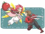  1girl angry battle boots brown_hair chibi coat duel fork full_body gloves green_eyes headband knee_boots lloyd_irving long_hair octopus pants red_hair red_shirt shirt tales_of_(series) tales_of_symphonia tomato wings yakigyouza zelos_wilder 