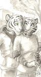  blue_eyes duo eye_contact feline gay green_eyes greyscale hufnaar hug looking_at_each_other male mammal monochrome park tiger 