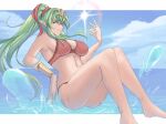  1girl absurdres bikini blue_sky breasts calmgreentori cleavage cloud fire_emblem fire_emblem_awakening fire_emblem_heroes green_eyes green_hair highres large_breasts long_hair looking_at_viewer navel ocean official_alternate_costume pointy_ears ponytail red_bikini sideboob sky smile solo swimsuit tiara tiki_(adult)_(fire_emblem) tiki_(adult)_(summer)_(fire_emblem) tiki_(fire_emblem) wet 