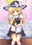  bad_id bad_pixiv_id bamboo_broom bed between_thighs black_dress blonde_hair blush braid broom dress hair_ribbon hat highres kirisame_marisa long_hair open_mouth rasahan ribbon sitting solo touhou witch witch_hat yellow_eyes 