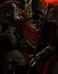  1boy armor black_snake chainmail elden_ring elden_ring:_shadow_of_the_erdtree embers fire helmet highres holding holding_polearm holding_weapon long_hair looking_at_viewer messmer_the_impaler one_eye_closed ornate ornate_armor polearm red_hair red_robe red_snake robe saivaro_(axel_fraxel) single_bracelet single_vambrace slit_pupils snake snake_on_shoulder solo vambraces weapon winged_helmet yellow_eyes 