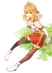  1girl blonde_hair breasts cleavage commentary detached_sleeves fiora_(xenoblade) full_body grass green_eyes highres ibaraki_shun long_hair looking_at_viewer medium_breasts navel open_mouth smile solo thighhighs xenoblade_chronicles_(series) xenoblade_chronicles_1 