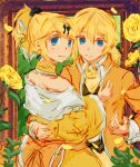  1boy 1girl aku_no_meshitsukai_(vocaloid) aku_no_musume_(vocaloid) allen_avadonia ascot bare_shoulders blonde_hair blue_eyes bow brother_and_sister choker collared_jacket collared_shirt colored_eyelashes dress dress_bow dress_ribbon earrings falling_petals flower frilled_dress frills hair_between_eyes hair_bow hair_ornament hairclip hand_on_another&#039;s_back hand_on_another&#039;s_chest hand_on_another&#039;s_waist high_ponytail highres jacket jewelry kagamine_len kagamine_rin long_sleeves looking_at_viewer looking_back off-shoulder_dress off_shoulder orange_bow orange_jacket petals picture_frame puffy_sleeves punkish riliane_lucifen_d&#039;autriche rose shirt short_ponytail siblings smile swept_bangs turning_head twins updo vocaloid white_shirt wide_sleeves yellow_ascot yellow_bow yellow_choker yellow_flower yellow_rose 
