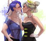  2girls absurdres annasassiart bare_arms bare_shoulders black_dress blue_hair breasts cleavage commentary commission dress gloves highres long_hair marie_(splatoon) midriff multiple_girls parted_lips pointy_ears see-through shawl shiver_(splatoon) small_breasts splatoon_(series) splatoon_3 strapless strapless_dress tube_top upper_body white_background white_gloves 