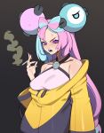  1girl absurdres anger_vein angry aqua_hair bare_shoulders black_background blush bow-shaped_hair cigarette criss-cross_halter hair_ornament halterneck hand_up highres holding holding_cigarette iono_(pokemon) jacket multicolored_hair off-shoulder_jacket off_shoulder pink_hair pink_nails pokemon porqueloin purple_eyes sharp_teeth shirt simple_background smoke_trail solo teeth two-tone_hair upper_body white_shirt wide_sleeves yellow_jacket 